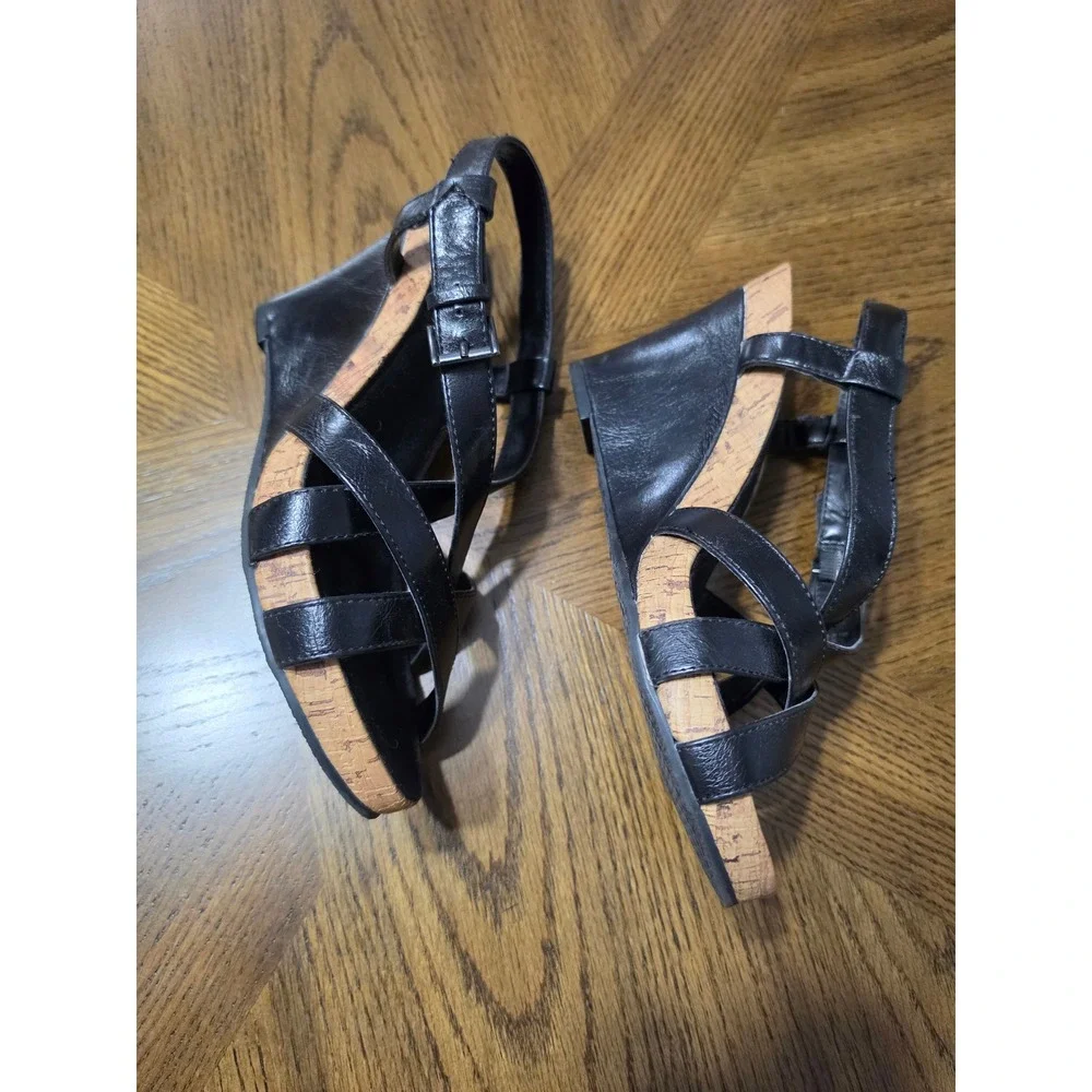 Aerosoles Womens Black Strappy Cork Wedge Sandals Size 9 Adjustable Ankle Strap